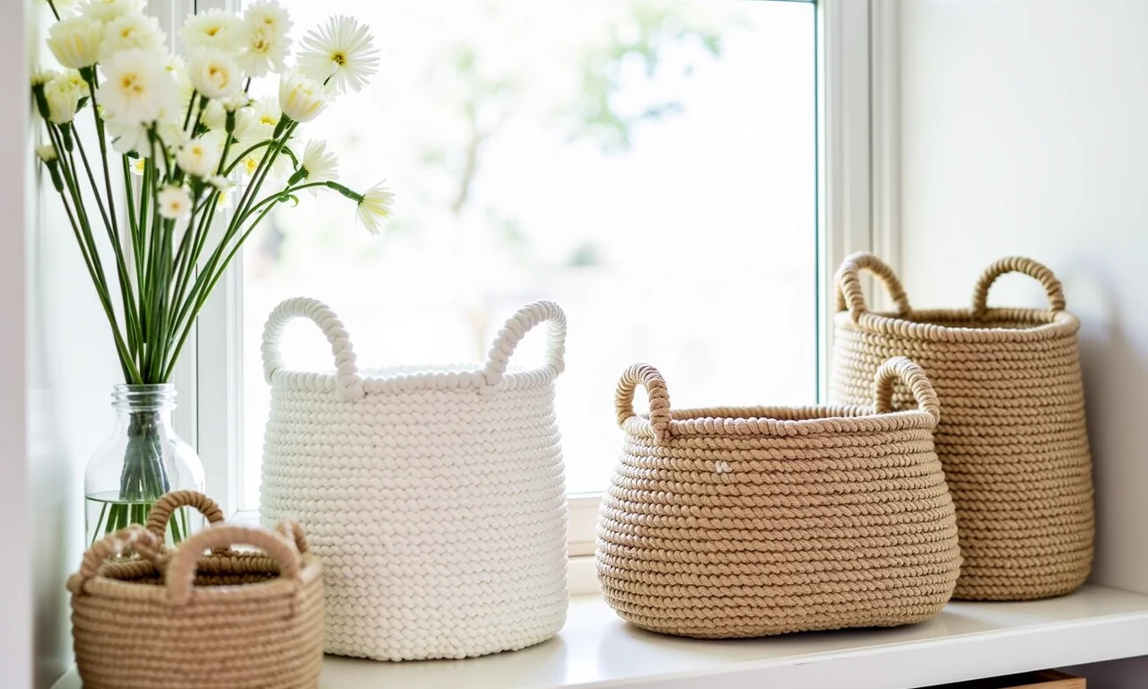 Cestos organizadores de crochê feitos com fio náutico.