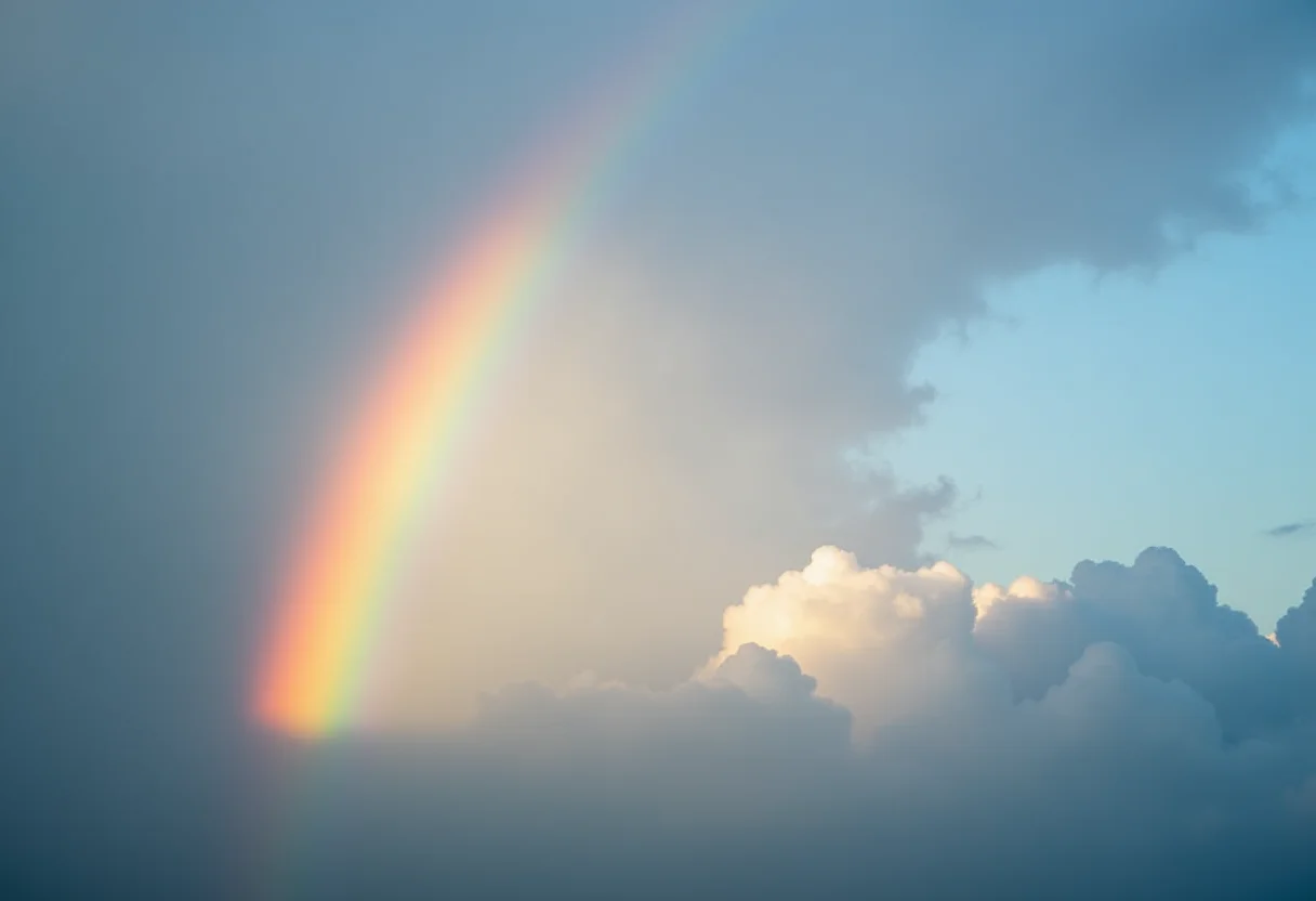 Céu dramático com um arco-íris vibrante.