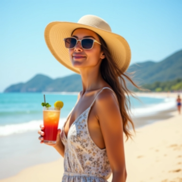 Chapéu de aba larga protegendo do sol na praia.