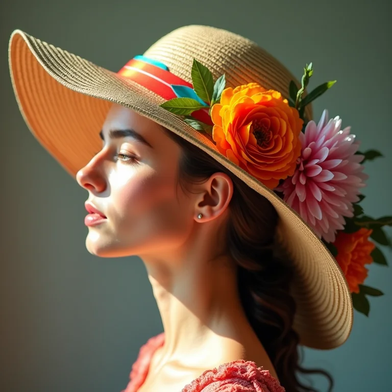 Chapéu de palha decorado com fitas e flores coloridas