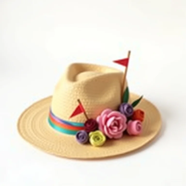 Chapéu de palha decorado com fitas e flores para festa junina