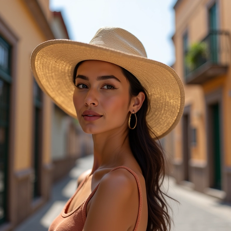 Chapéu Panamá em cenário de cidade colonial.