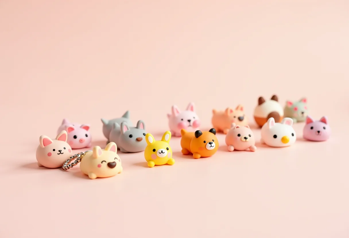 Chaveiros de biscuit de animais fofos variados em fundo rosa
