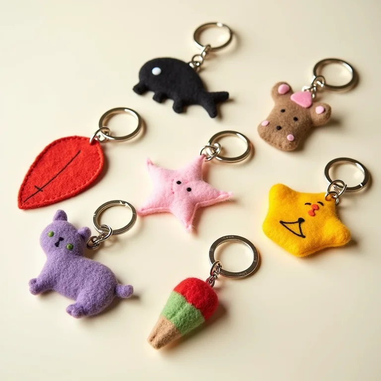 Chaveiros de feltro artesanais em formato de bichinhos e objetos.