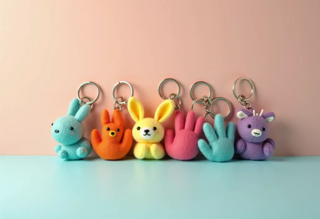 Chaveiros de feltro coloridos dispostos em um fundo pastel
