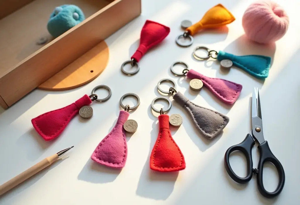 Chaveiros de feltro com moldes: o guia COMPLETO para iniciantes Chaveiros de feltro coloridos dispostos em uma composição criativa.