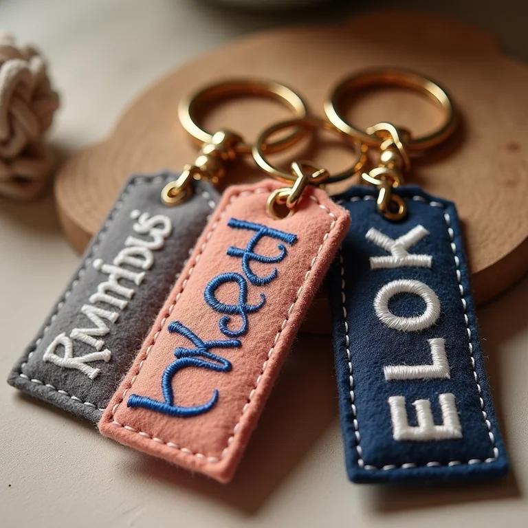 Chaveiros de feltro com letras e nomes bordados.