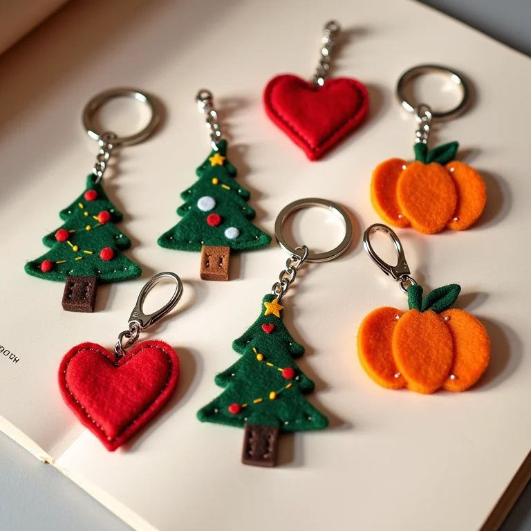 Chaveiros de feltro com tema de datas comemorativas.
