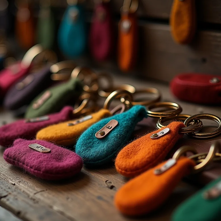 Chaveiros de feltro expostos para venda em uma feira de artesanato.