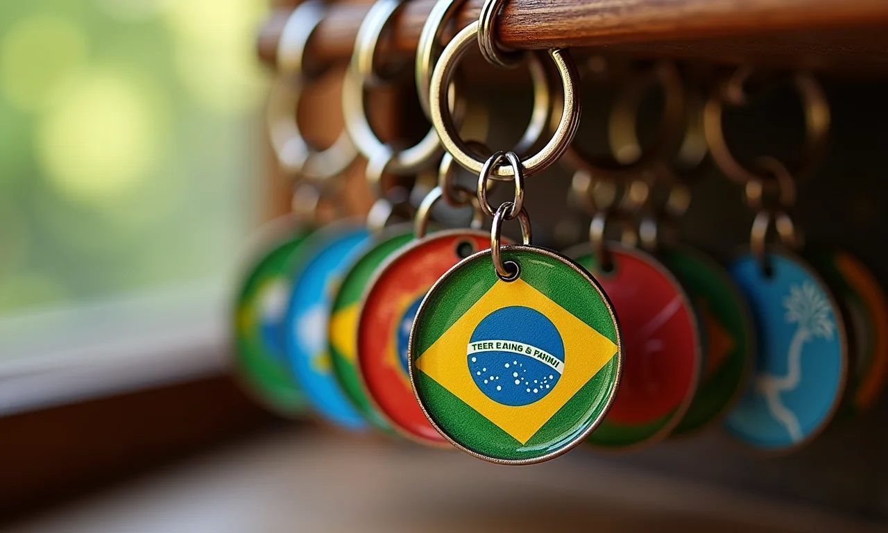 Chaveiros personalizados com símbolos brasileiros em chaveiro.