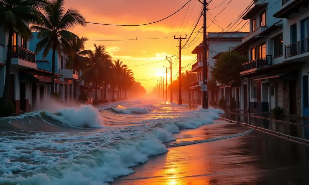 Alerta Climático: Cidades Brasileiras em Risco de Submersão até 2050 Cidade brasileira costeira parcialmente submersa ao pôr do sol devido ao aumento do nível do mar.