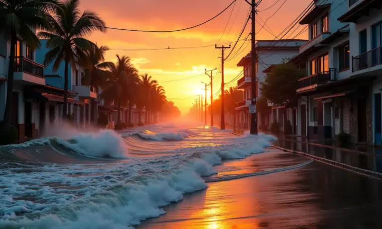 Cidade brasileira costeira parcialmente submersa ao pôr do sol devido ao aumento do nível do mar.