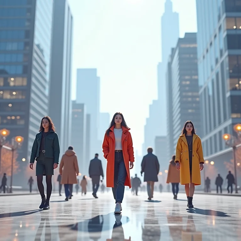 Cidade futurística com avatares vestindo roupas digitais estilosas.