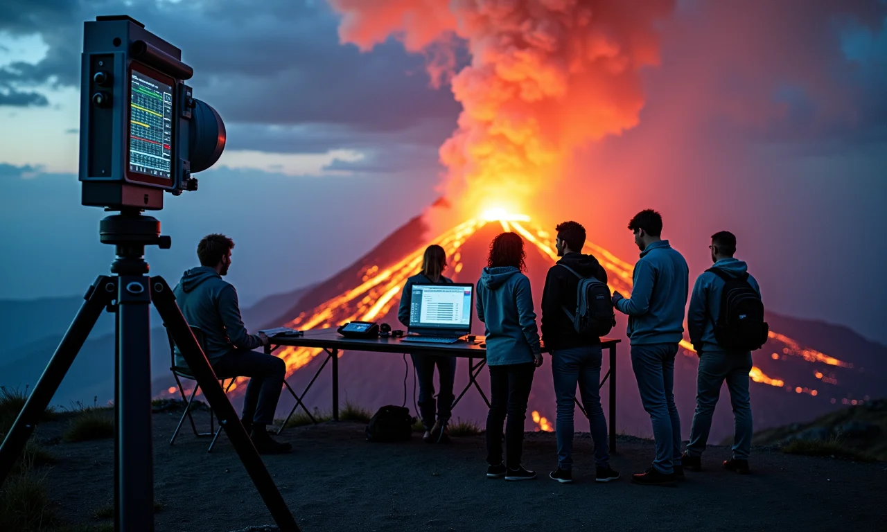 Cientistas monitorando atividade vulcânica em observatório.