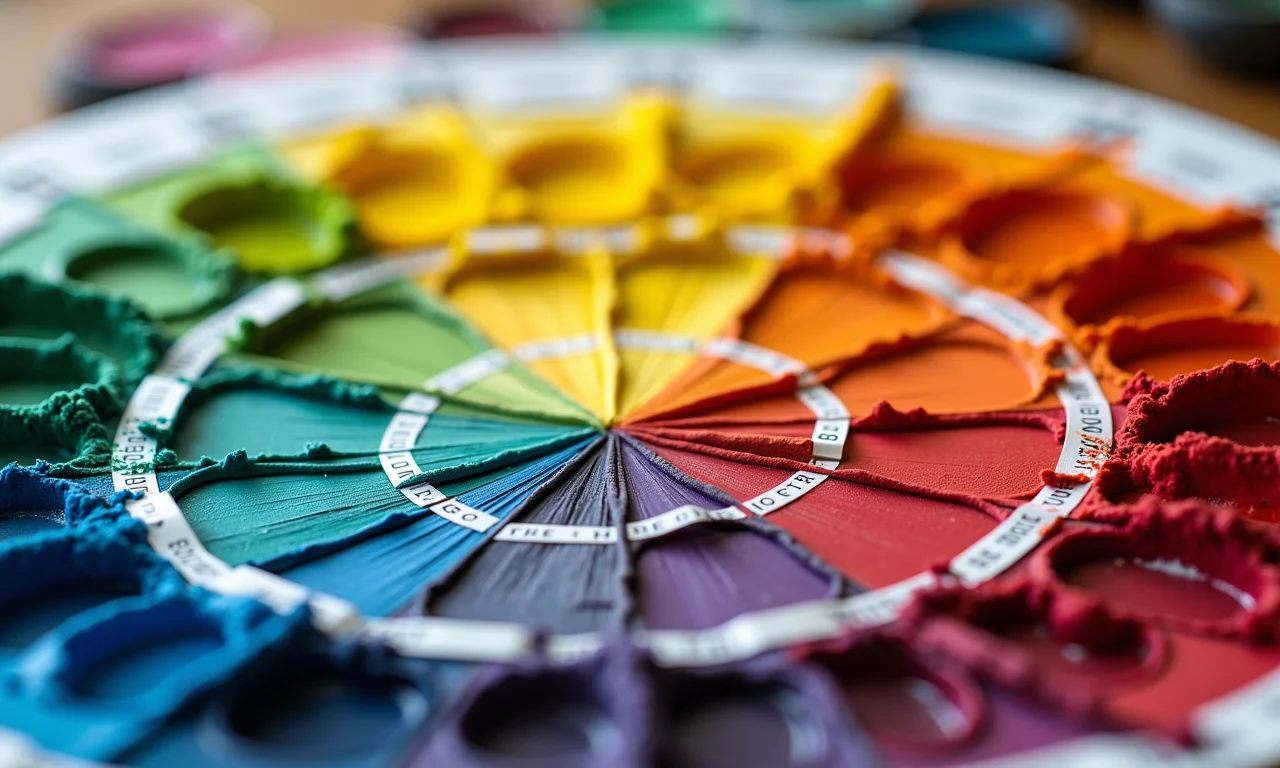 Círculo cromático com cores primárias, secundárias e terciárias em destaque.