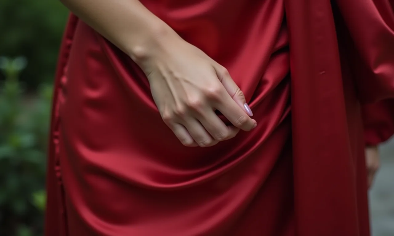 Close-up da mão de uma mulher tocando um vestido curto de seda em uma formatura.