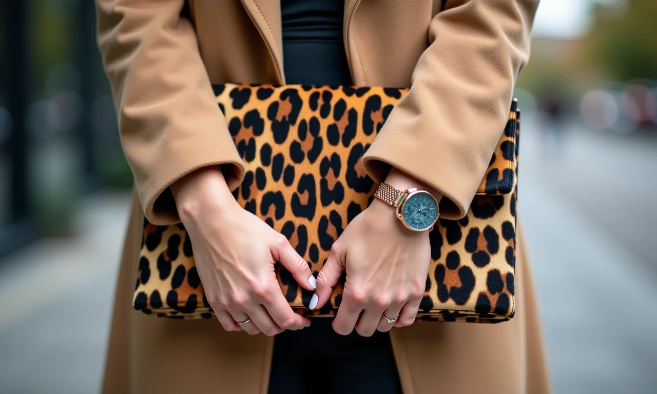 Close-up das mãos de uma mulher segurando uma clutch com estampa de leopardo, look neutro, sofisticado.