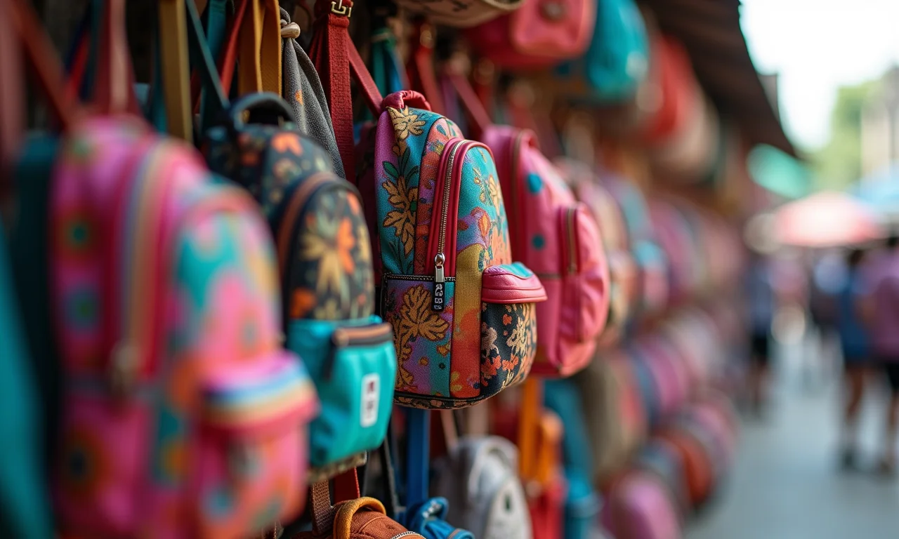 Close-up de acessórios dos anos 90 em mercado de artesanato brasileiro.