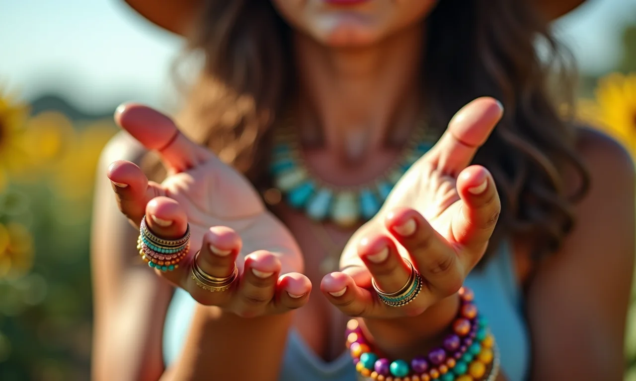 Close-up de acessórios inspirados nos anos 70: colares, pulseiras e óculos.