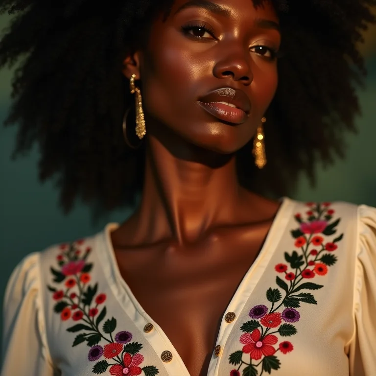 Close-up de blusa bordada à mão em mulher negra