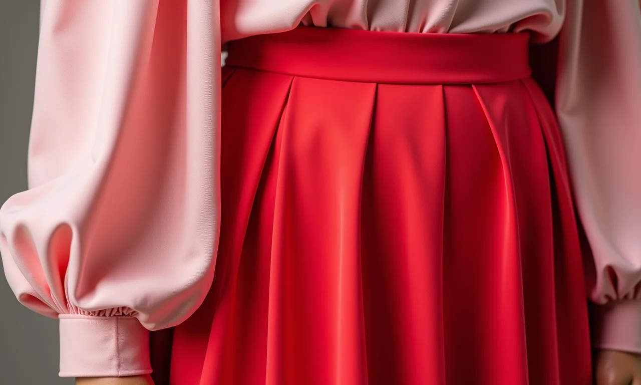 Close-up de blusa rosa e saia vermelha, mostrando a combinação harmoniosa das cores.