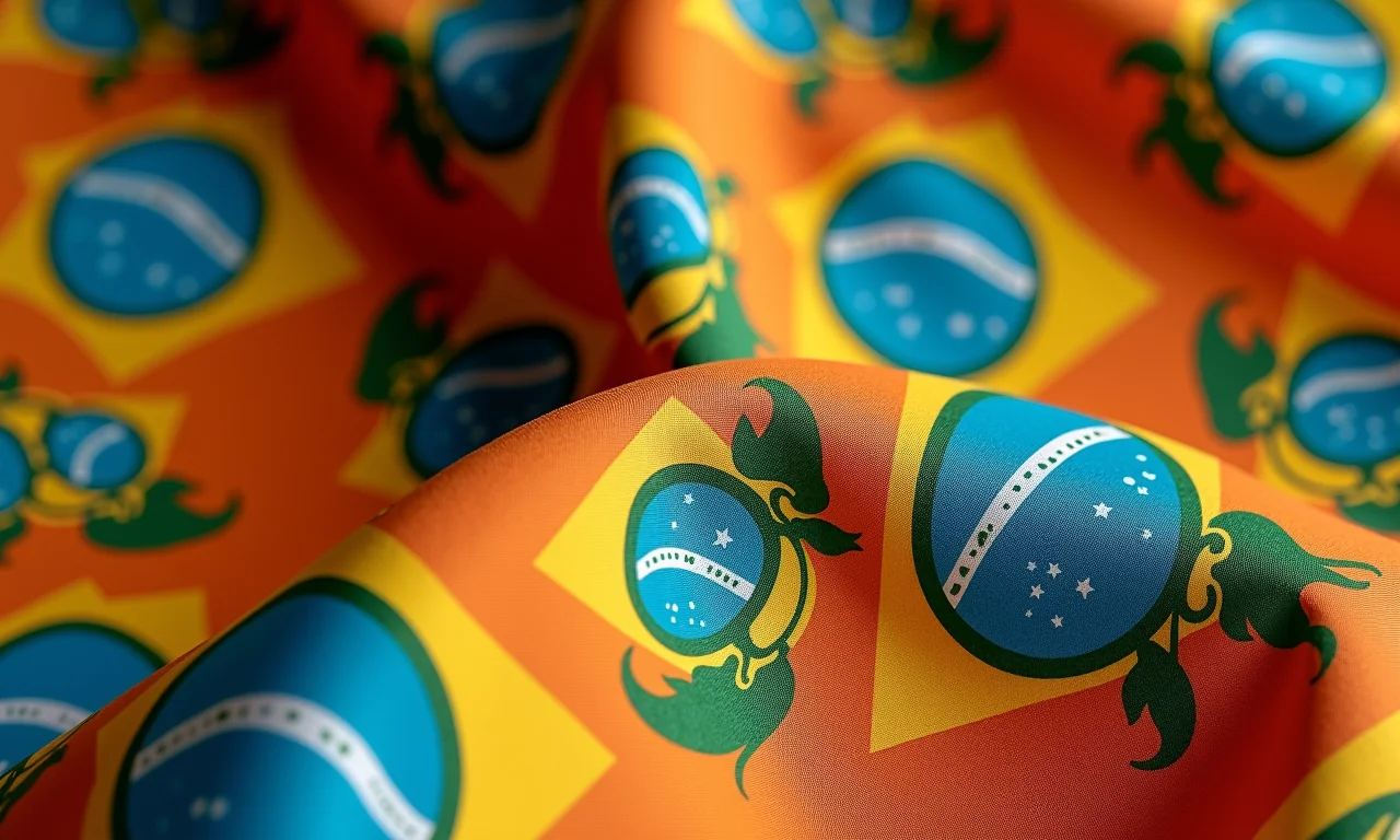 Close-up de estampa vibrante em conjuntinho com padronagem brasileira.