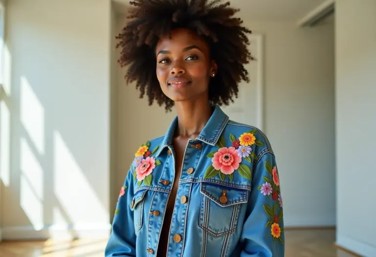 Close-up de jaqueta jeans customizada com bordados florais.