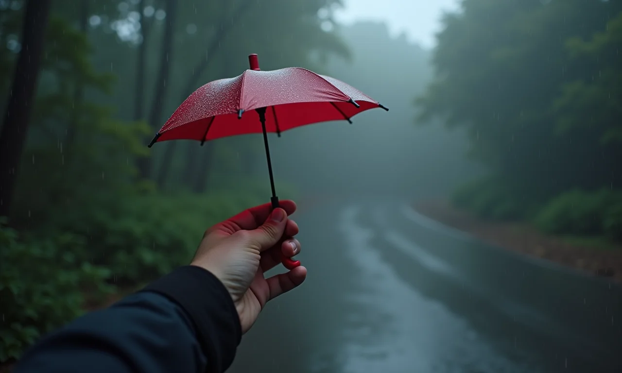 Close-up de mão segurando sombrinha dobrável na chuva.