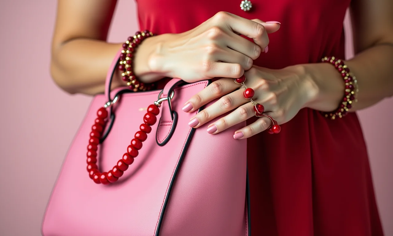 Close-up de mãos femininas mostrando uma bolsa rosa e joias vermelhas.