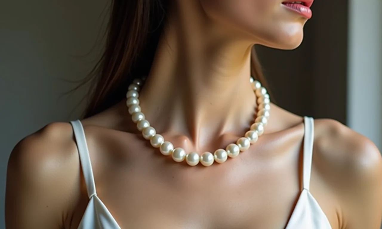 Close-up de mulher usando colar de pérolas, transmitindo elegância e sofisticação.