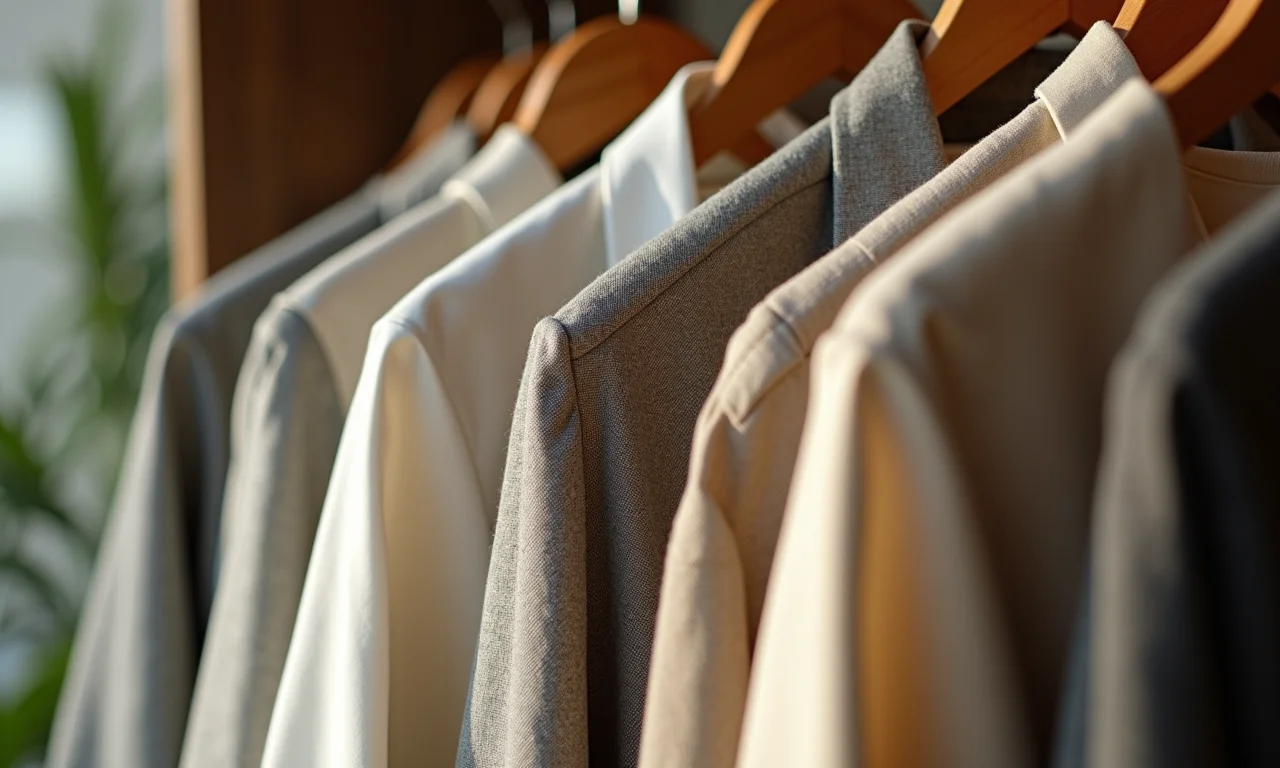 Close-up de peças-chave do guarda-roupa, clássicos atemporais e tecidos de alta qualidade.