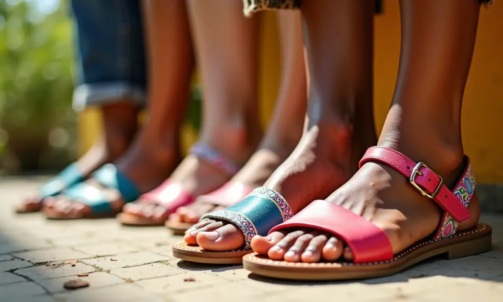 Papetes: A Sandália Confortável que Virou Febre (Como Combinar com Seu Estilo?) Close-up de pés femininos diversos usando sandálias papete coloridas.