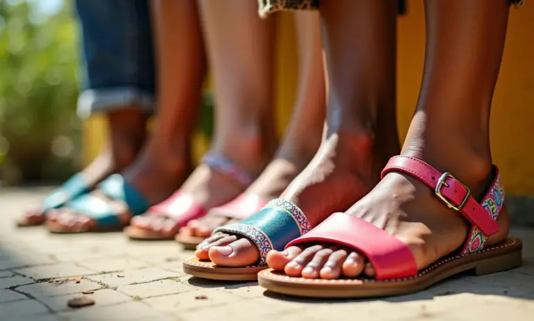 Close-up de pés femininos diversos usando sandálias papete coloridas.