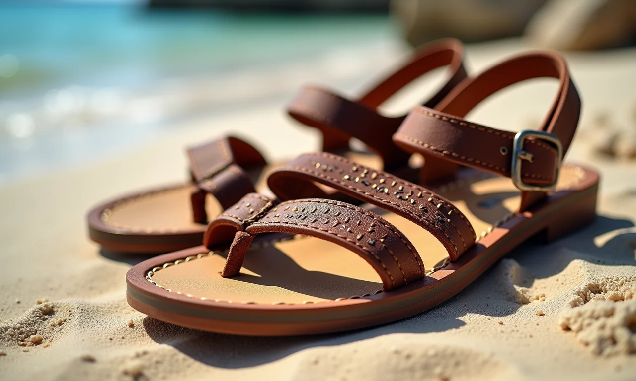 Close-up de sandálias com amarrações e detalhes artesanais em uma praia.