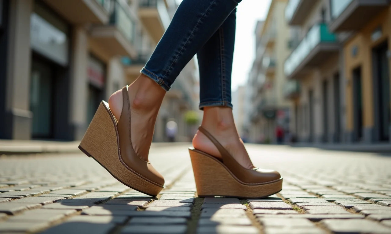 Close-up de sapatos plataforma em mulher caminhando em São Paulo.