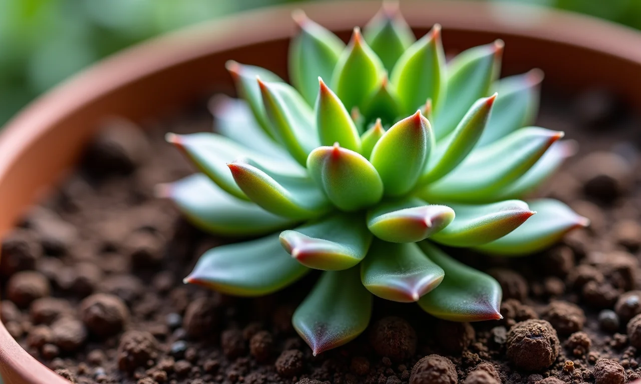 Close-up de suculenta plantada em terra vegetal nutritiva.