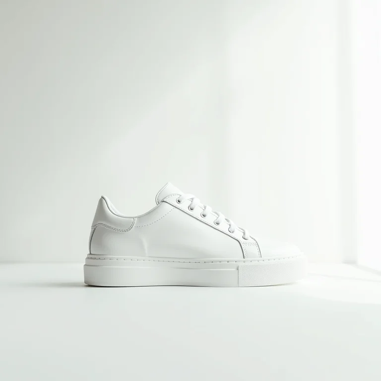 Close-up de tênis plataforma branco com sola texturizada.