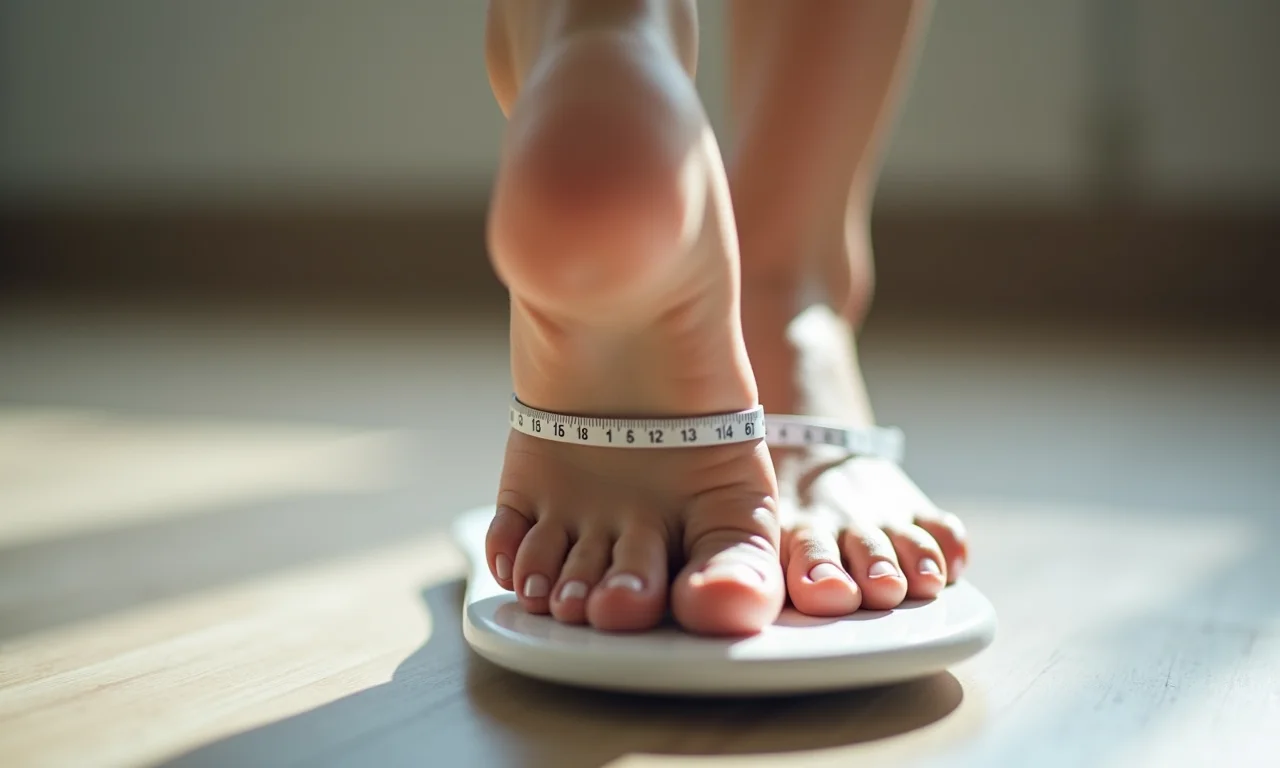 Close-up de um pé feminino em um dispositivo de medição para encontrar a altura ideal do salto.