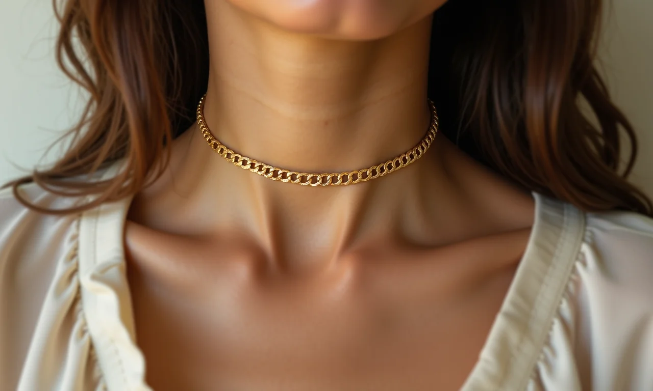 Close-up de uma delicada choker dourada, realçando seu brilho e design minimalista.