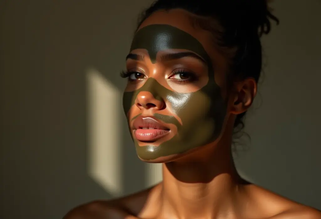 Máscara facial caseira: receita fácil para pele radiante Close-up de uma mulher aplicando máscara de argila, pele radiante e natural