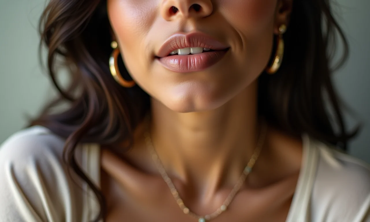 Close-up de uma mulher brasileira usando brincos de ouro delicados e um colar minimalista.