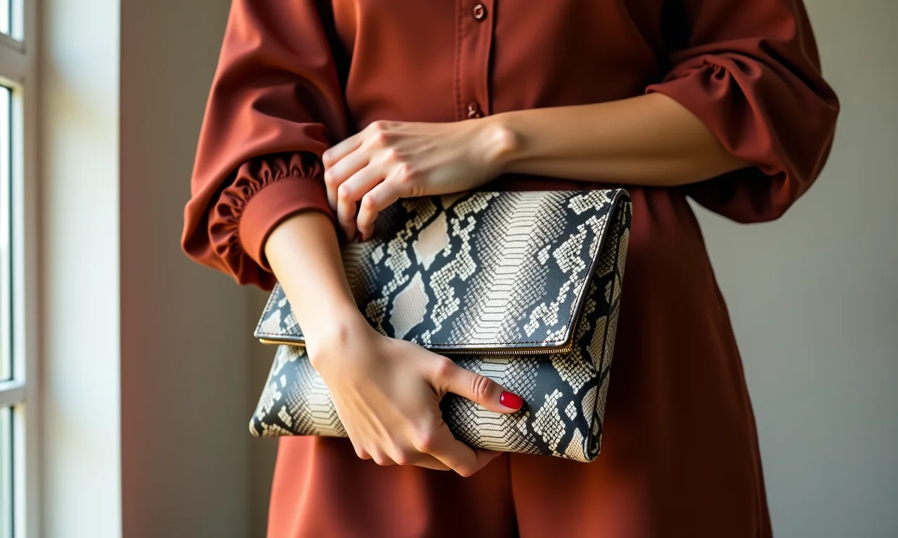 Close-up de uma mulher segurando uma clutch com estampa de cobra.