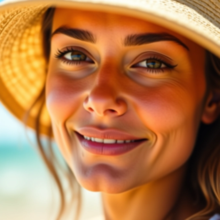Close-up do rosto de uma mulher protegida do sol com chapéu.