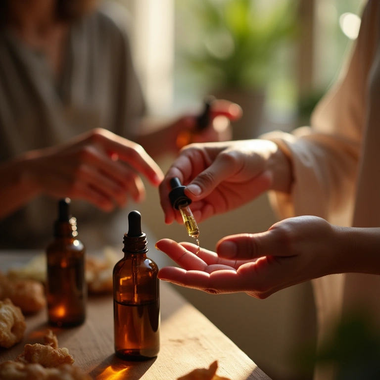 Mãos misturando óleos essenciais para aromaterapia.