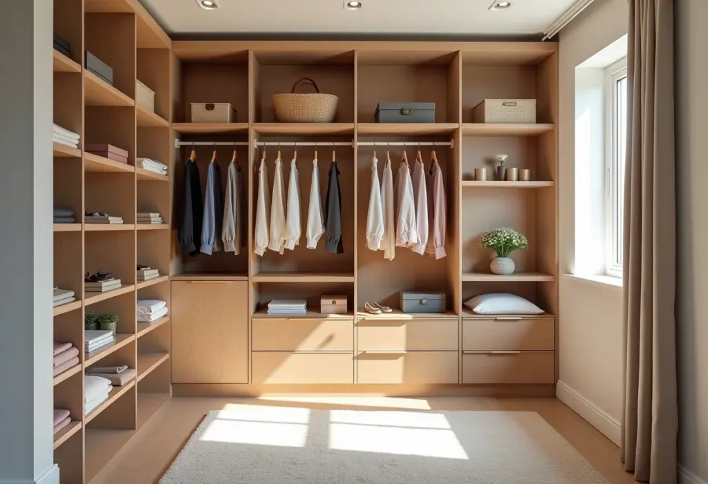 Closet sem portas com roupas organizadas por cor