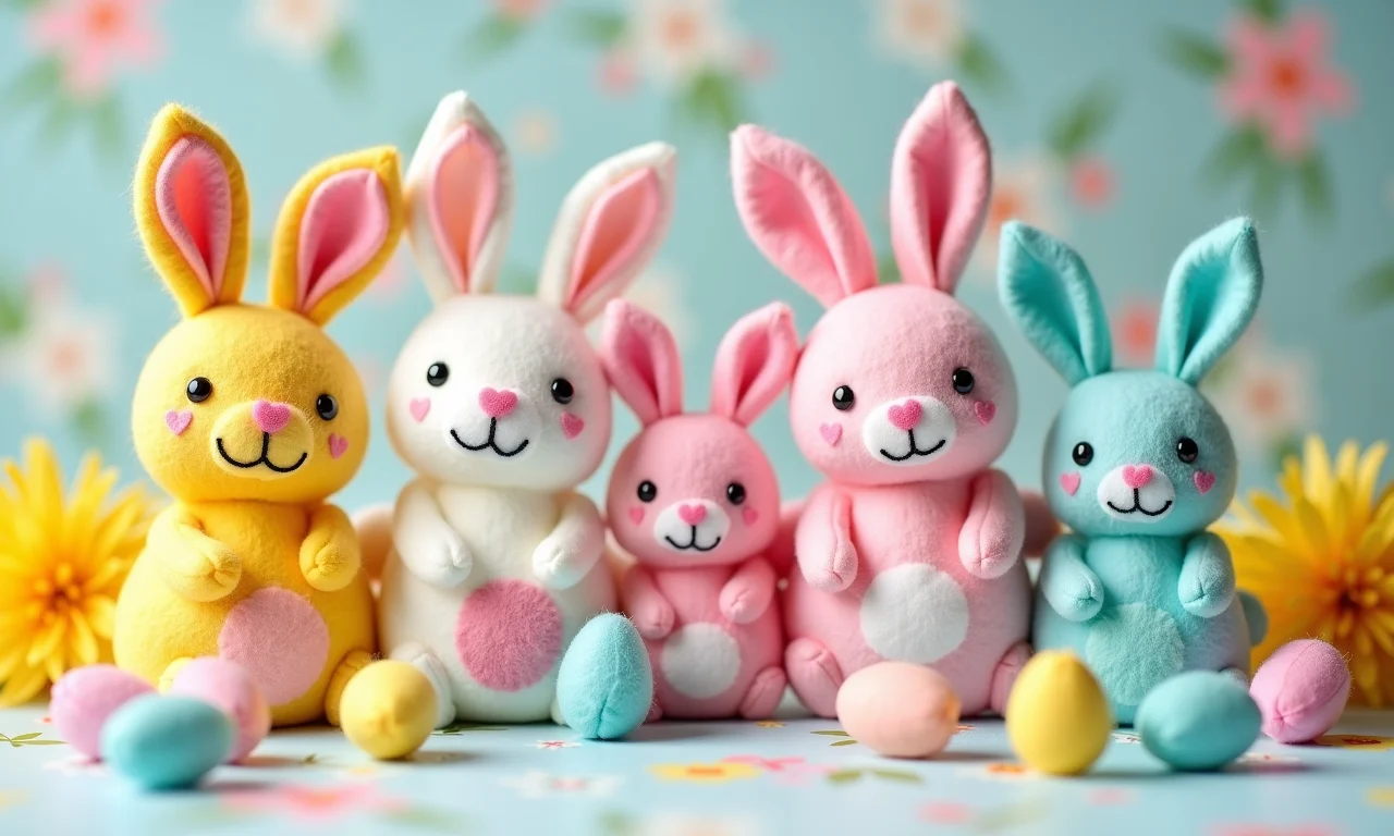 Coelhinhos de feltro coloridos para decoração de Páscoa.