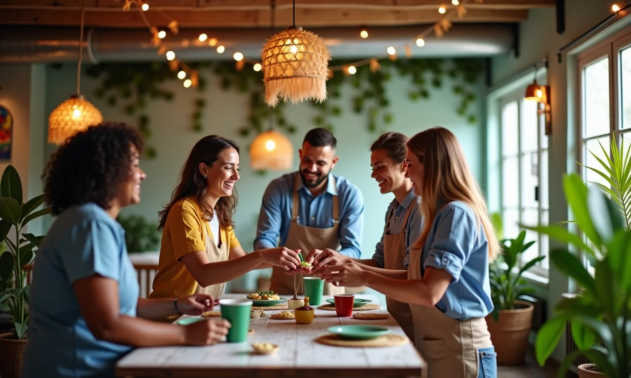 Colaboradores envolvidos na decoração da festa junina no escritório.