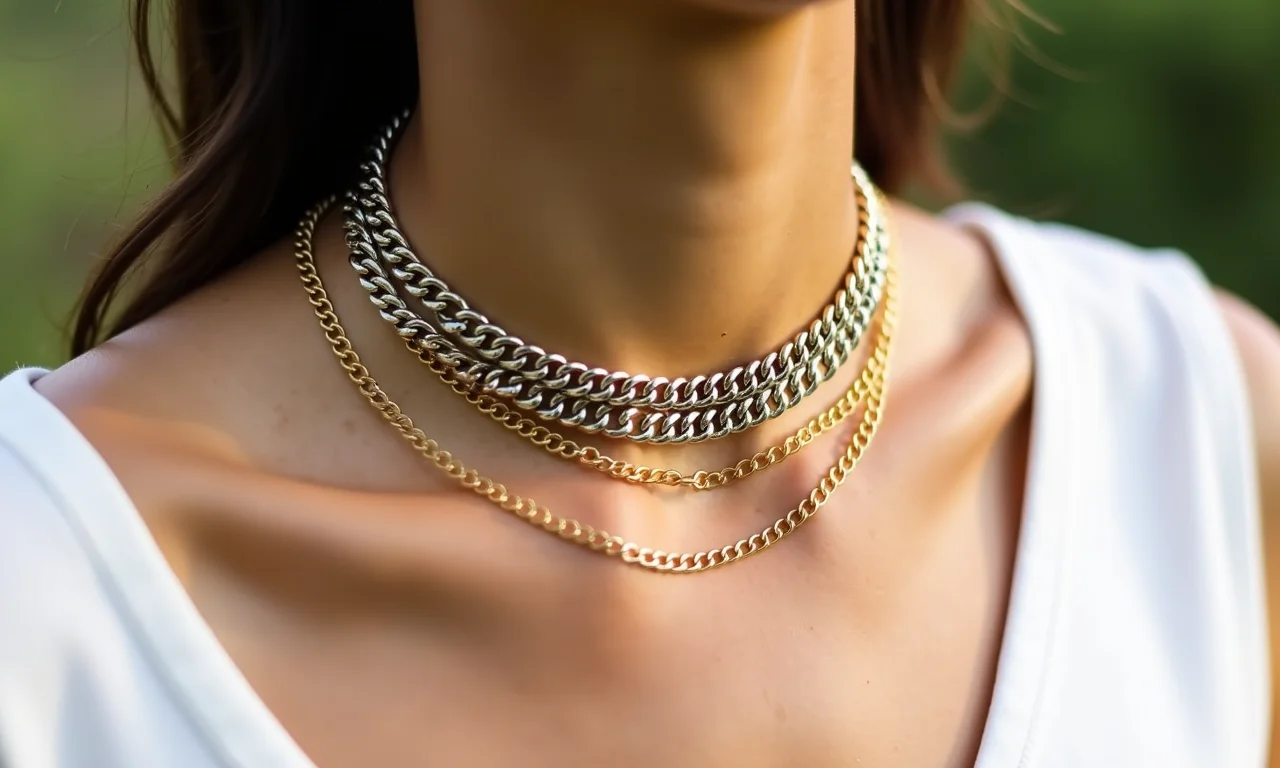 Colares de correntes douradas e prateadas em camadas no pescoço de uma mulher.