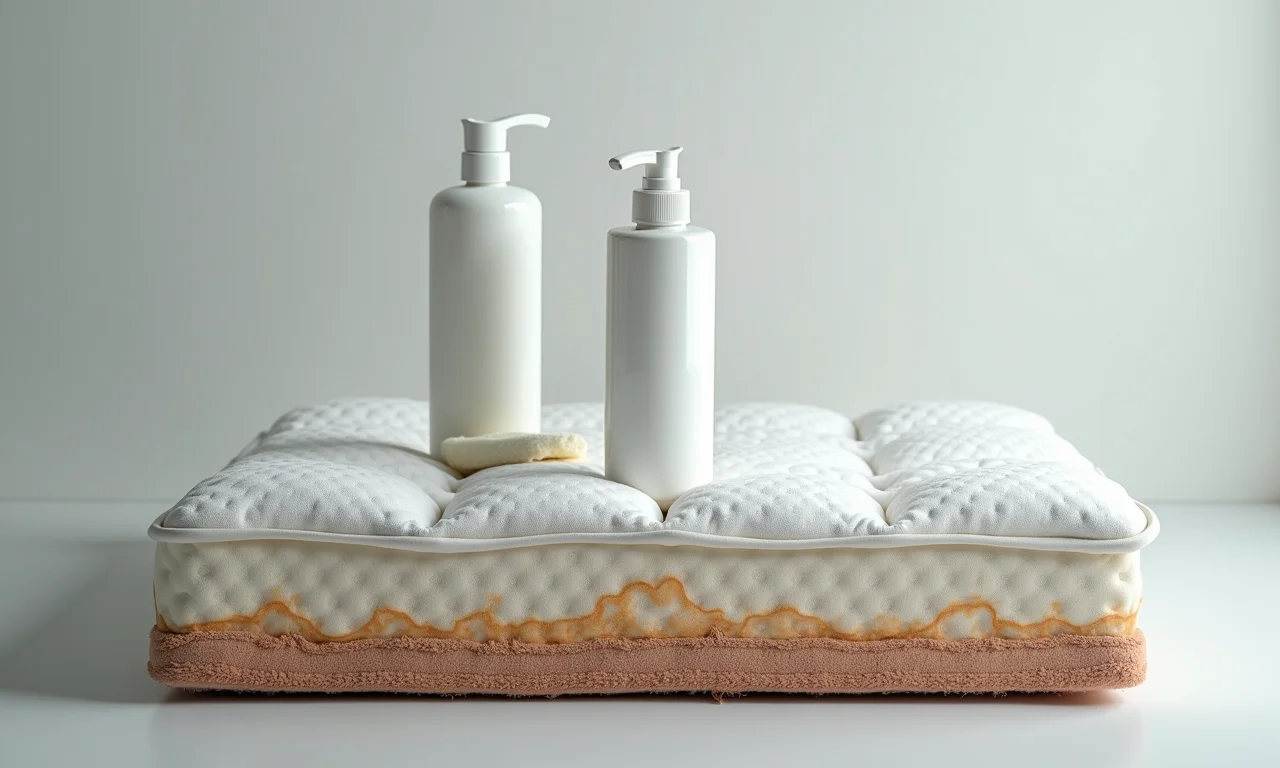 Colchão danificado por uso incorreto de produto de limpeza a seco.