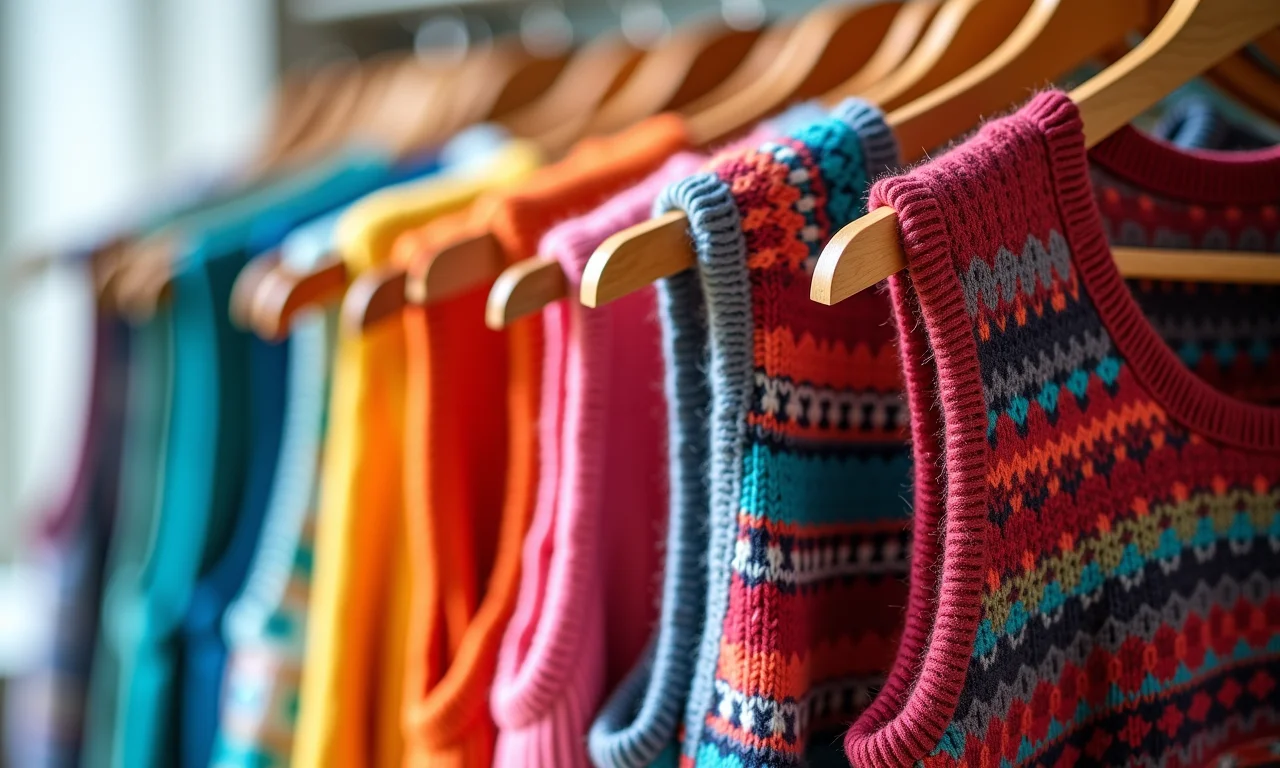 Coleção de coletes de tricot coloridos e estampados.